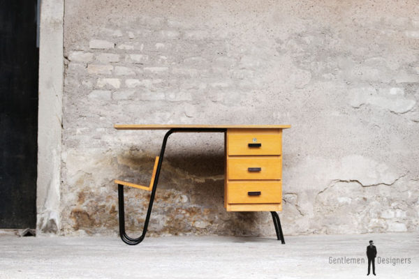 Bureau vintage en bois et métal, 3 tiroirs, Jacques Hitier