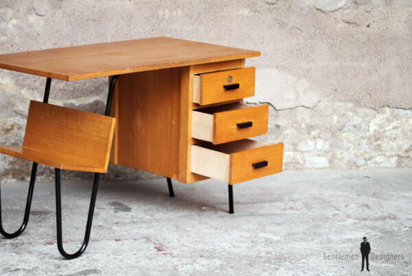 Bureau vintage en bois et métal, 3 tiroirs, Jacques Hitier