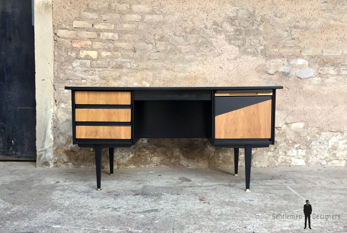Bureau vintage noir et bois, graphique, pieds compas gentlemen designers