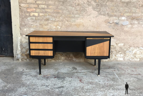 Bureau vintage noir et bois, graphique, pieds compas gentlemen designers