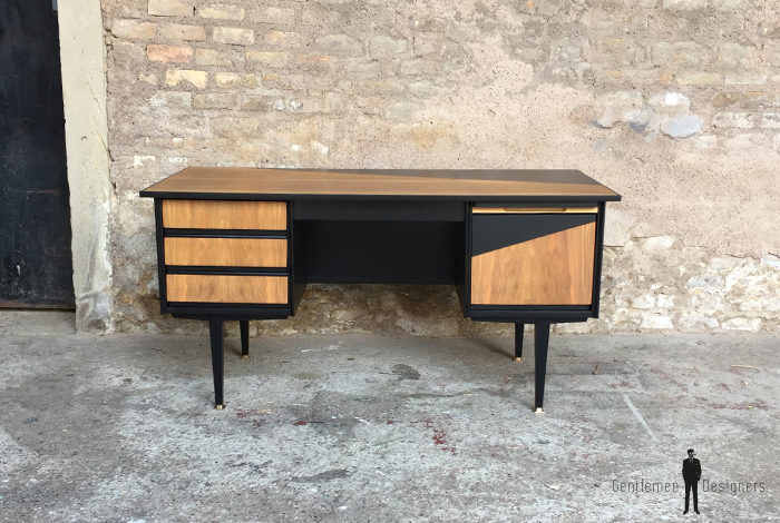 Bureau vintage noir et bois, graphique, pieds compas