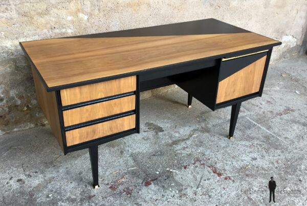 Bureau vintage noir et bois, graphique, pieds compas gentlemen designers