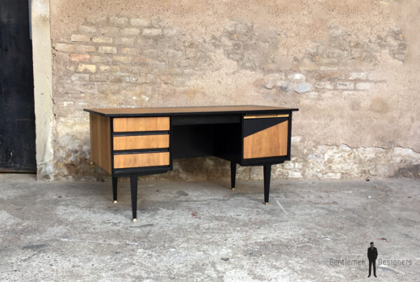 Bureau vintage noir et bois, graphique, pieds compas gentlemen designers