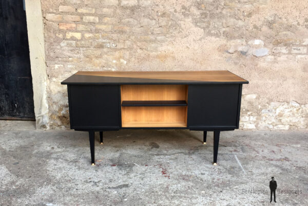 Bureau vintage noir et bois, graphique, pieds compas gentlemen designers