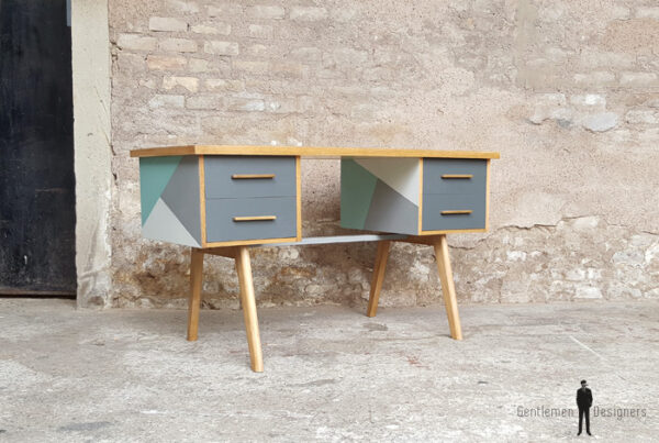 Bureau vintage graphique, gris et vert, pieds compas, bois gentlemen designers