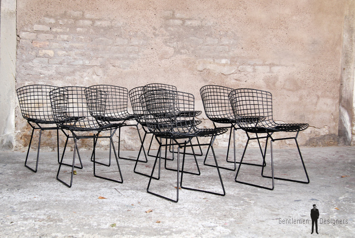 8 chaises vintage noir fil d'acier, H.Bertoia, Knoll 1952 gentlemen designers rare lot