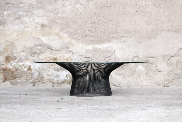 Table basse vintage en verre, Warren Platner, Knoll, 1960 gentlemen designers metal fil acier fin transparente