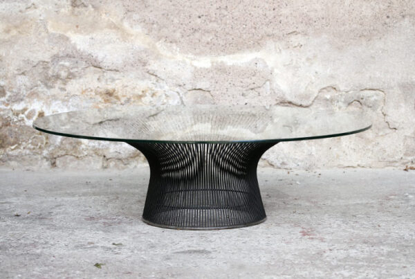 Table basse vintage en verre, Warren Platner, Knoll, 1960 gentlemen designers metal fil acier fin transparente