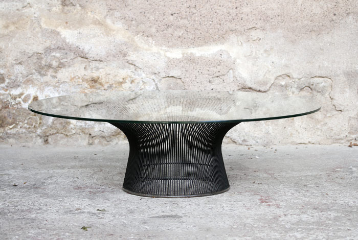 Table basse vintage en verre, Warren Platner, Knoll, 1960 gentlemen designers metal fil acier fin transparente