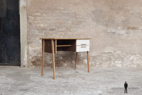 Bureau vintage 2 tiroirs, brun, chocolat, pieds compas gentlemen designers