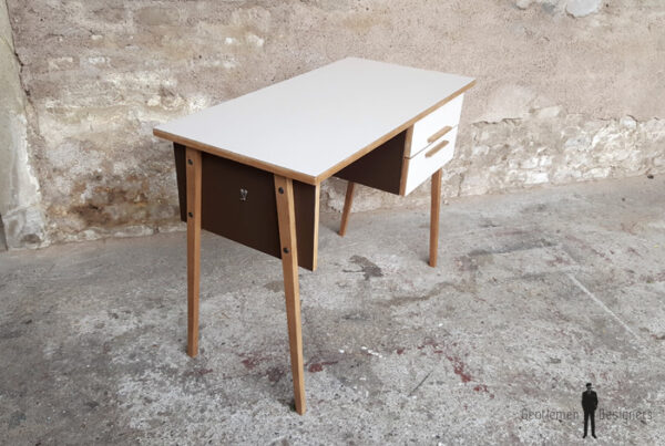 Bureau vintage 2 tiroirs, brun, chocolat, pieds compas gentlemen designers