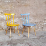 Lot de 2 chaises vintage à barreaux, bois, jaune, bleu