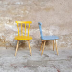 Lot de 2 chaises vintage à barreaux, bois, jaune, bleu