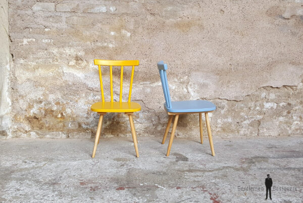 Lot de 2 chaises vintage à barreaux, bois, jaune, bleu