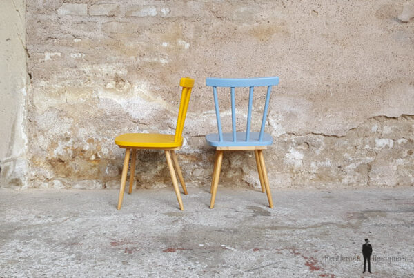 Lot de 2 chaises vintage à barreaux, bois, jaune, bleu gentlemen designers