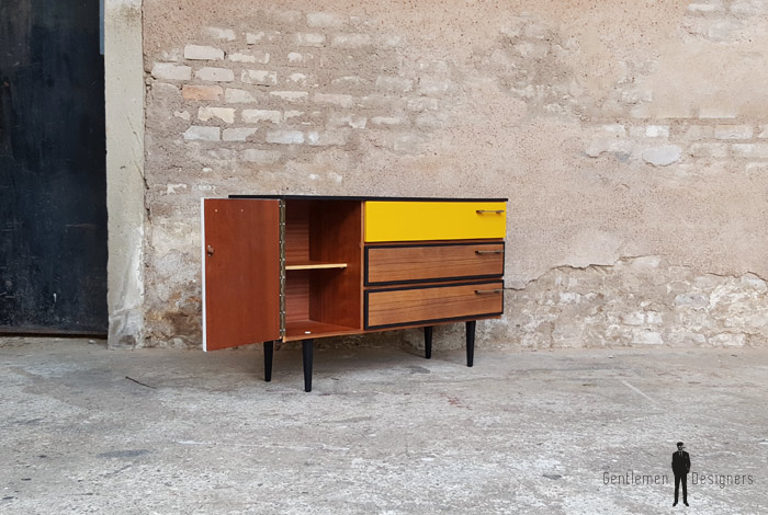 Meuble buffet à tiroirs, vintage relooké, jaune, noir, teck gentlemen designers