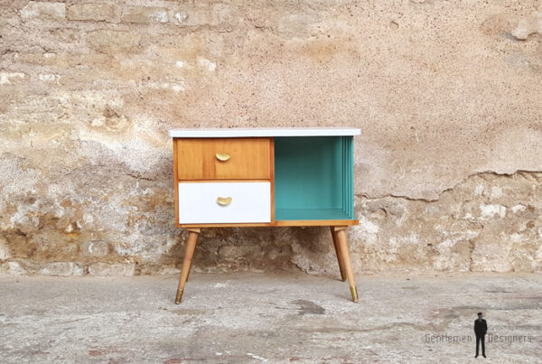 Table de chevet vintage, blanc et vert, tiroirs et barreaux