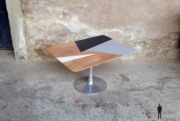 Table Basse Ronde Graphique Bleu Blanc Bois Pieds Compas