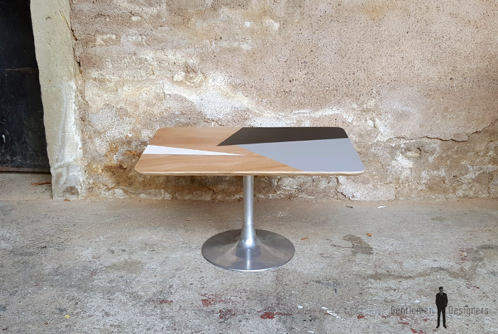 Table Basse Ronde Graphique Bleu Blanc Bois Pieds Compas