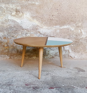 Table Basse Ronde Graphique Bleu Blanc Bois Pieds Compas