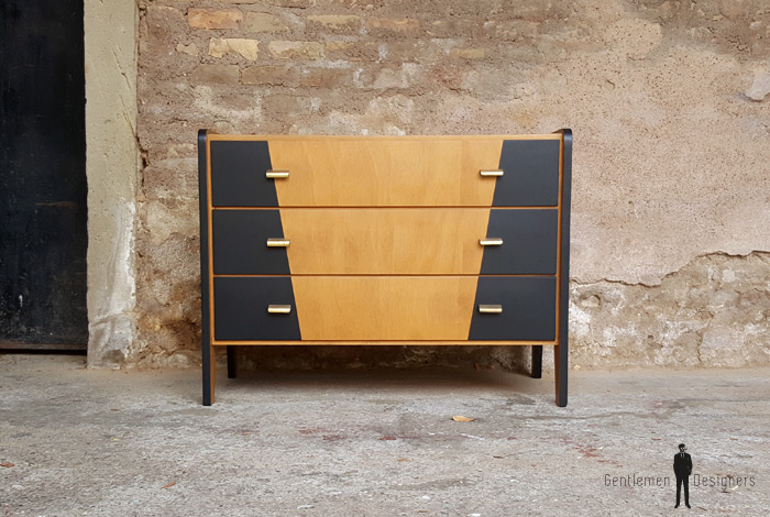 GENTLEMEN DESIGNERS Commode vintage bois 3 tiroirs, graphique noir, design 50