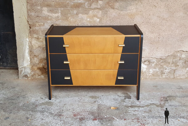 GENTLEMEN DESIGNERS Commode vintage bois 3 tiroirs, graphique noir, design 50