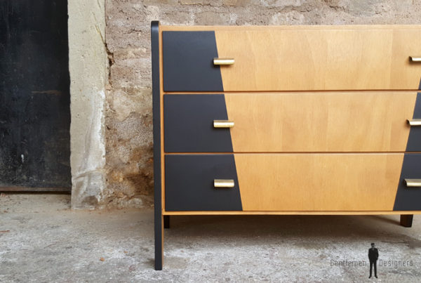 GENTLEMEN DESIGNERS Commode vintage bois 3 tiroirs, graphique noir, design 50