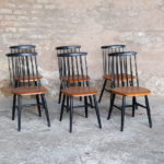 6 chaises vintage Tapiovaara, teck barreaux noir, fanette