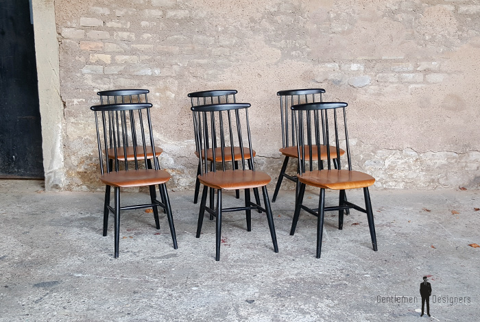 6 chaises vintage Tapiovaara, teck barreaux noir, fanette