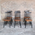 6 chaises vintage Tapiovaara, teck barreaux noir, fanette