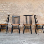 6 chaises vintage Tapiovaara, teck barreaux noir, fanette