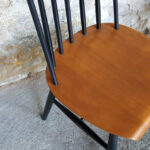 6 chaises vintage Tapiovaara, teck barreaux noir, fanette