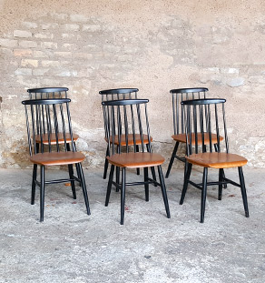 6 chaises vintage Tapiovaara, teck barreaux noir, fanette