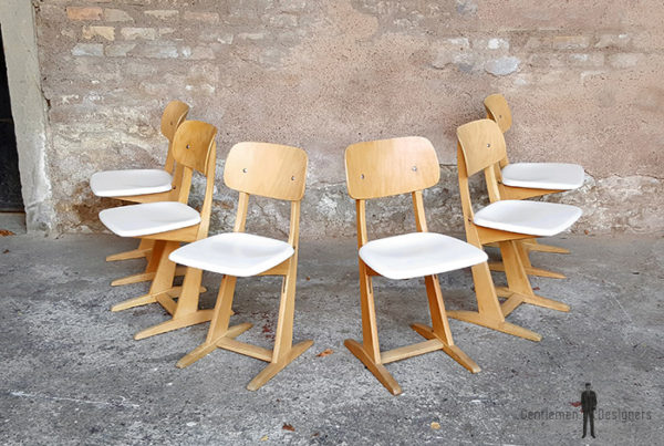 6 chaises vintage Casala, blanche et bois clair gentlemen designers vintage