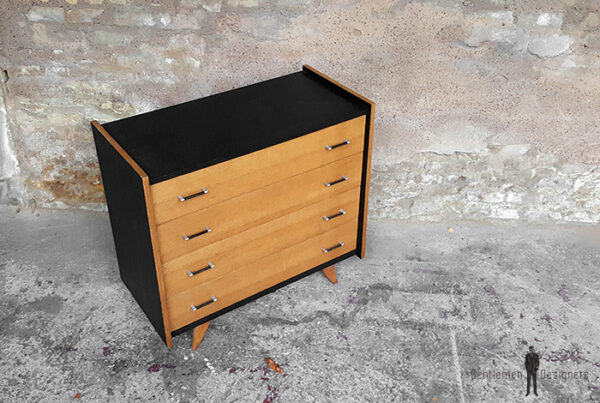 Commode vintage noir, 4 tiroirs chêne clair, pied compas