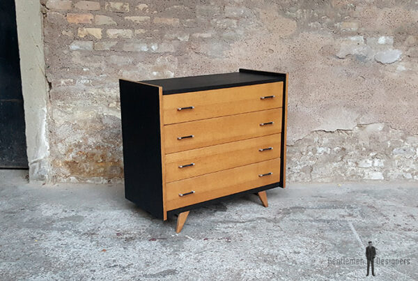 Commode vintage noir, 4 tiroirs chêne clair, pied compas