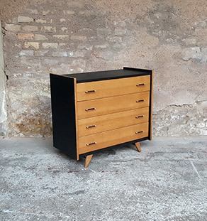 Commode vintage noir, 4 tiroirs chêne clair, pied compas