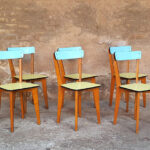 lot 6 chaises formica,pieds bois, bleu et vert, vintage