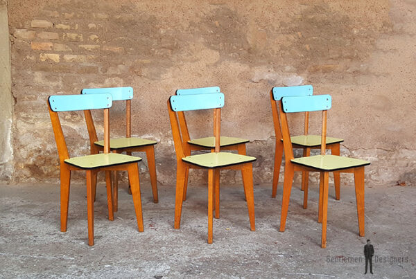 lot 6 chaises formica,pieds bois, bleu et vert, vintage