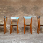 lot 6 chaises formica,pieds bois, bleu et vert, vintage