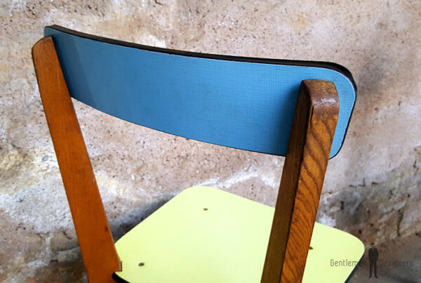 lot 6 chaises formica,pieds bois, bleu et vert, vintage