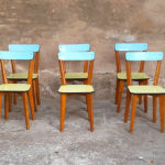lot 6 chaises formica,pieds bois, bleu et vert, vintage