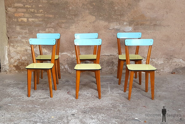 lot 6 chaises formica,pieds bois, bleu et vert, vintage