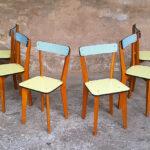 lot 6 chaises formica,pieds bois, bleu et vert, vintage