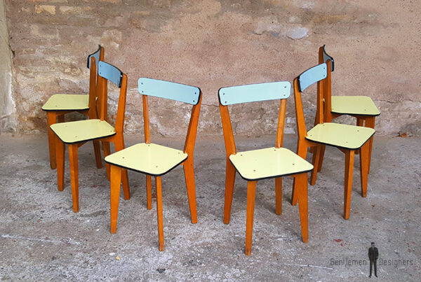 lot 6 chaises formica,pieds bois, bleu et vert, vintage