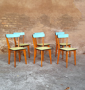 lot 6 chaises formica,pieds bois, bleu et vert, vintage Gentlemen designers