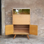 Secrétaire vintage en bois, bleu et gris clair, pieds compas
