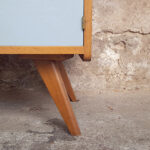 Secrétaire vintage en bois, bleu et gris clair, pieds compas