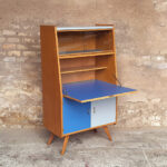 Secrétaire vintage en bois, bleu et gris clair, pieds compas