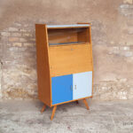 Secrétaire vintage en bois, bleu et gris clair, pieds compas